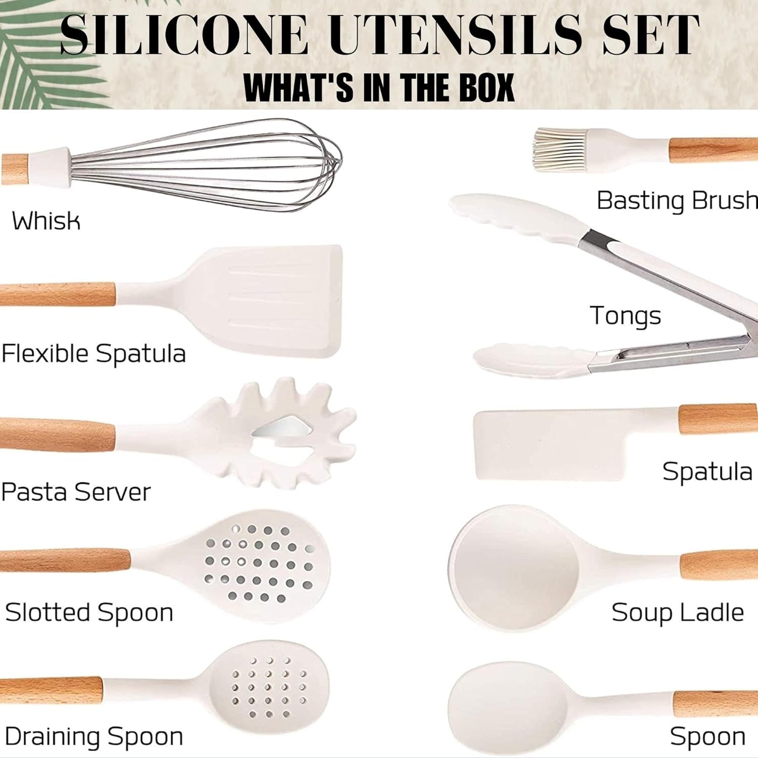 White Silicone Kitchen Utensils Set - Silicone Kitchen Utensils Set with Holder | 11 Pcs Wooden Cooking Utensils Set Kitchen Gadgets - Heat Resistant Utensil Sets for Cookware & Baking (BPA Free)